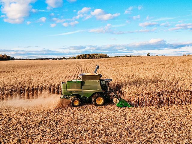 An aerial view of corn harvest from this fall. Behind every harvest season are farmers facing pressures we rarely talk about. (DTN photo by EllaMae Reiff)