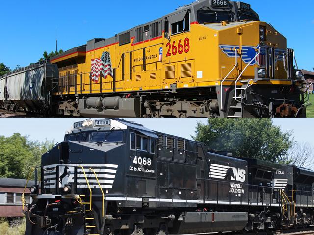 The paperwork has been sent to the Surface Transportation Board (STB) for the proposed $85 billion Union Pacific-Norfolk Southern merger. If approved, it would create a single transcontinental railroad. Groups representing major shippers are critical of the risks of going from six Class I railroads down to five. (Union-Pacific locomotive by Tyler-Silvest, Norfolk-Southern locomotive by aqua scissors)