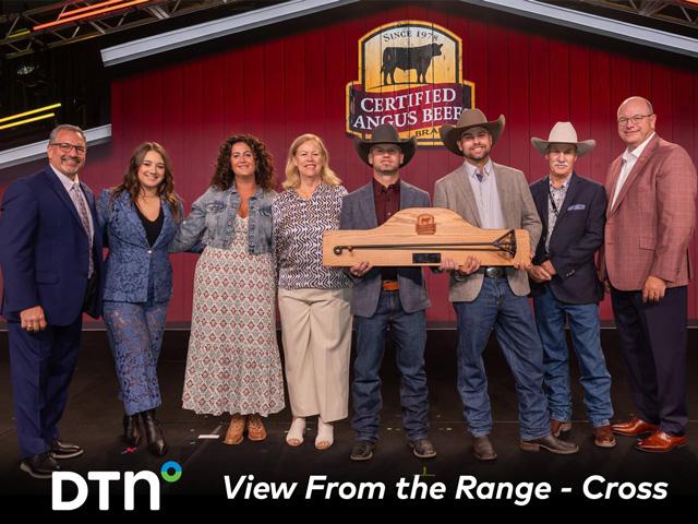 Pictured receiving the Certified Angus Beef Canadian Commitment to Excellence award from Bruce Cobb, far left and John Stika, far right, with Certified Angus Beef, are the members of the Cross family: Bailey Tymchuk, Samantha Cross, Arletta Cross, Malcolm Cross, Austin Cross and Bill Cross. (Photo courtesy of Certified Angus Beef)