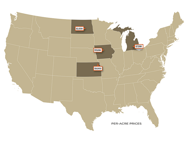 Per-acre prices of recent farmland sales. (DTN graphic)