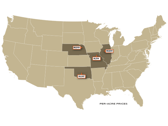 Per-acre prices of recent farmland sales. (DTN graphic)