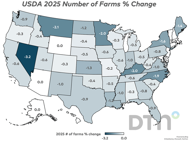 Not a single U.S. state added farms in 2025, according to the latest data from USDA. (DTN map by Kathy Myers)