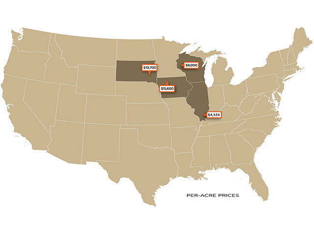 Per-acre prices of recent farmland sales. (DTN graphic)