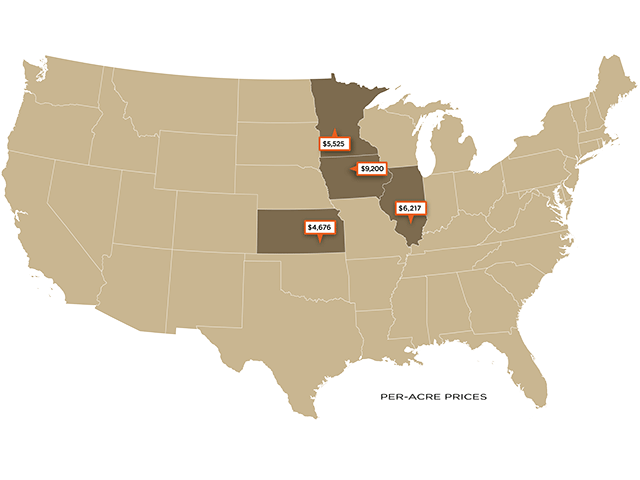 Per-acre prices of recent farmland sales. (DTN graphic)